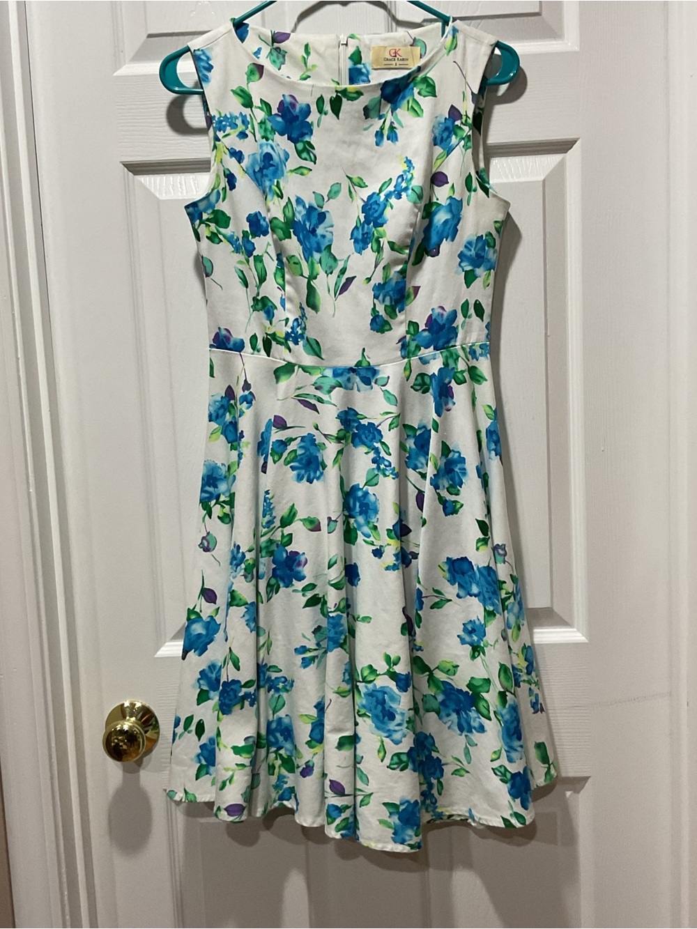 Grace Karin White Midi Fit & Flare Dress with Blue & Green Floral Print